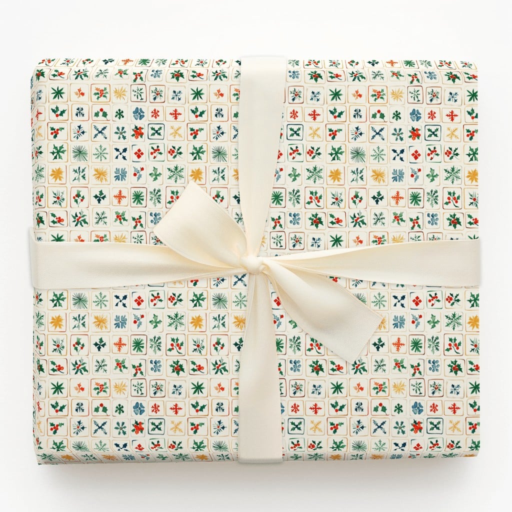 Snowflake and Holly Gift Wrap, Folk Art Christmas Wrapping Paper, Rustic Holiday Wrapping Paper, Traditional Winter Present G