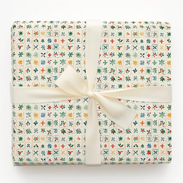 Snowflake and Holly Gift Wrap, Folk Art Christmas Wrapping Paper, Rustic Holiday Wrapping Paper, Traditional Winter Present G