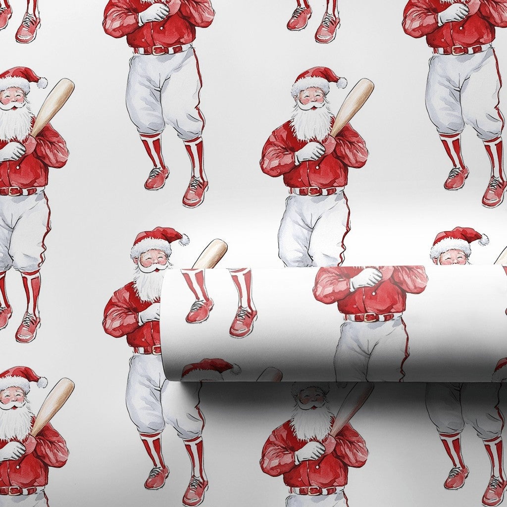 Retro Sport Christmas Gift Wrap, Vintage Baseball Santa Wrapping Paper, Red Uniform Baseball Wrapping Paper, Sports Fan Gift 