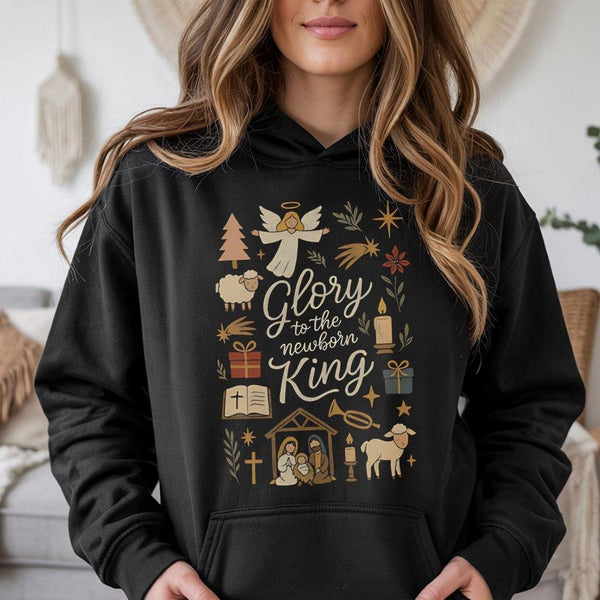 Nativity Doodle Art Hoodie, Glory to the Newborn King Hoodie, Christian Christmas Hoodie, Religious Xmas Hooded Sweatshirt, H