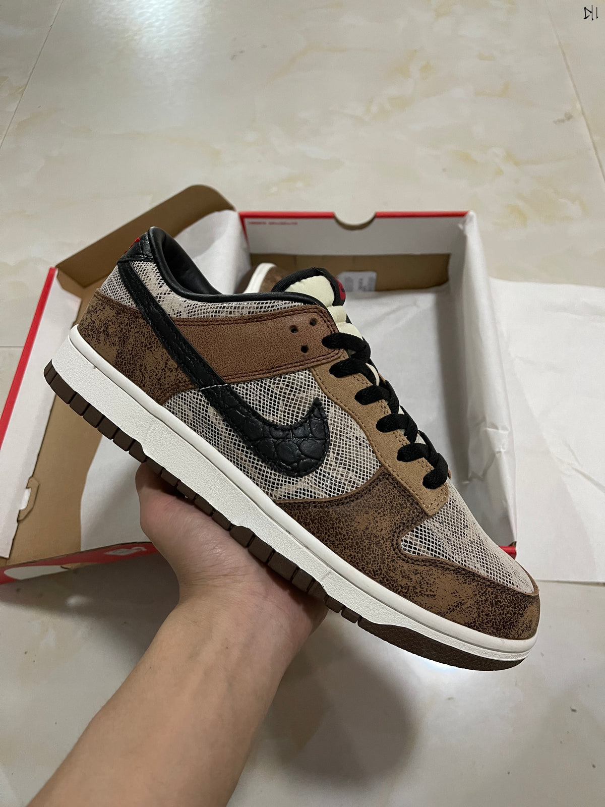 Low Top Sneakers, White Brown Colorway, Snake Pattern, Lace Up Design, Casual Gift for Sneaker Fans