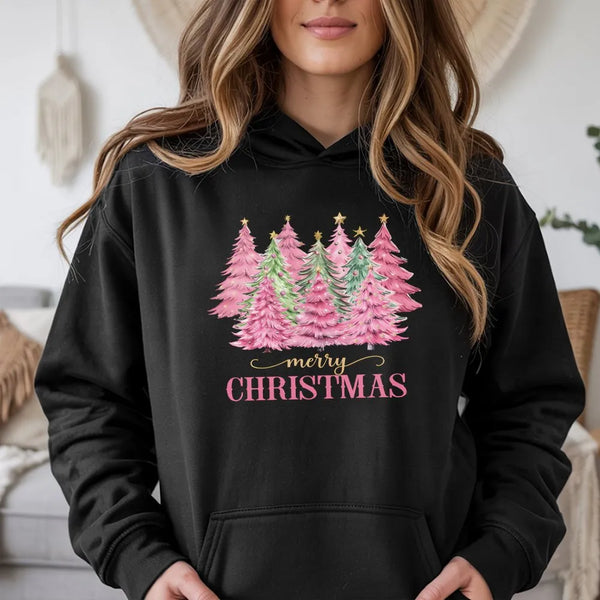 Aesthetic Pine Trees Hooded Sweatshirt, Pink Christmas Tree Hoodie, Adorable Pink Holiday Tree Hoodie, Festive Tree Pullover,