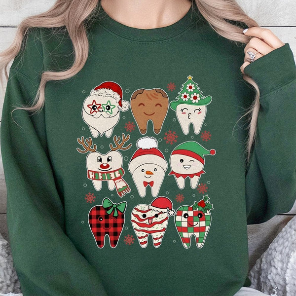 Adorable Festive Teeth Graphic Crewneck, Dentist Christmas Sweatshirt, Humorous Dental Office Holiday Pullover, Hygienist Xma