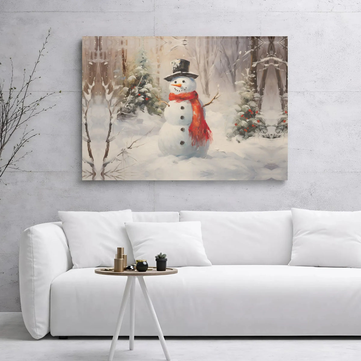 Red Scarf Forest Scene Print, Winter Snowman Canvas Wall Art, Christmas Holiday Canvas Wall Decor, Printable Digital Download