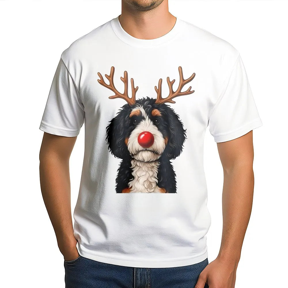 Reindeer Antlers Puppy Dog Graphic Tee, Bernedoodle Christmas T-Shirt, Doodle Pet Holiday Shirt, Adorable Dog Mom Winter Seas