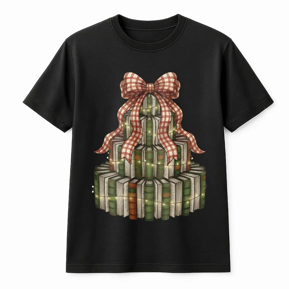 Festive Librarian Reading Graphic Tee, Christmas Book Tree T-Shirt, Book Lover Holiday Shirt, Adorable Reader Teacher Christm