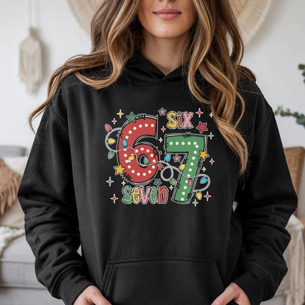 Festive Holiday Lights Christmas Hoodie, 67 Christmas Hoodie, Number 67 Christmas Hooded Sweatshirt, Retro Xmas Pullover, Bir
