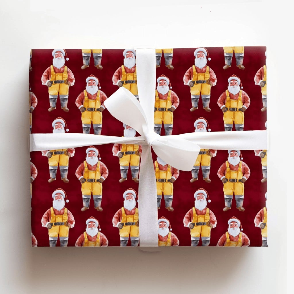 Whimsical Santa Claus Gift Wrap, Yellow Overalls Santa Wrapping Paper, Red Background Christmas Wrapping Paper, Holiday Prese