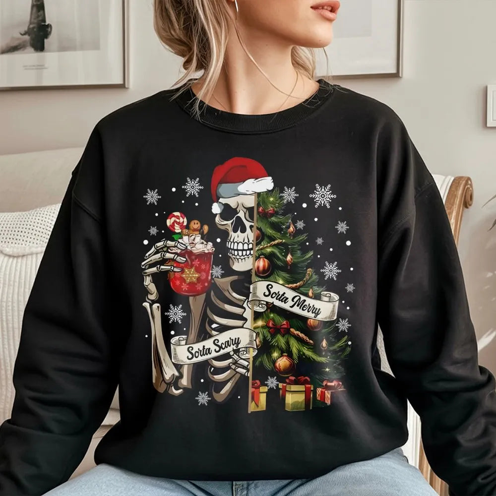 Skeleton Christmas Tree Sweater, Sorta Merry Sorta Scary Sweatshirt, Spooky Holiday Crewneck, Creepy Christmas Pullover, Spoo