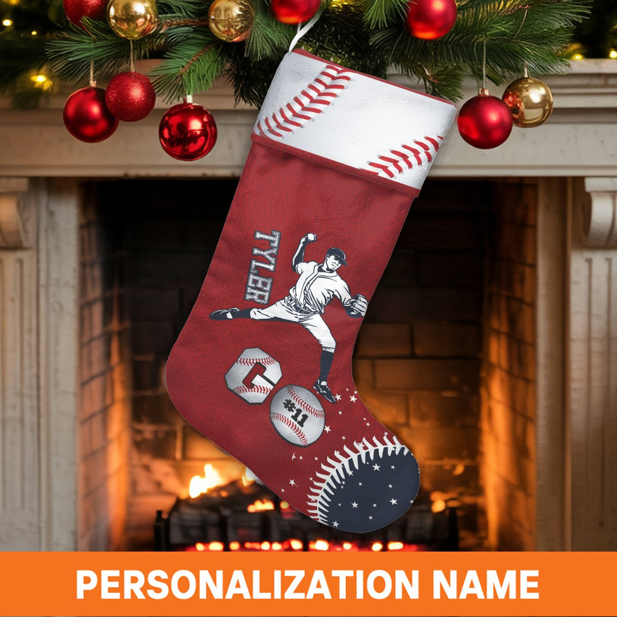 Custom Name and Number Stocking, Personalized Baseball Christmas Stocking, Sports Fan Christmas Stocking, Holiday Present for