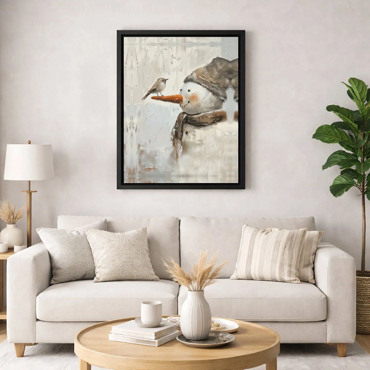 Impressionist Snow Scene Painting, Snowman and Bird Winter Wall Art Canvas Print, Farmhouse Christmas Holiday Poster, Digital