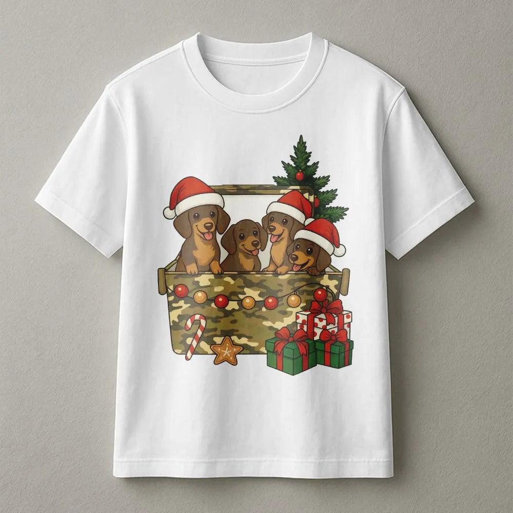 Wiener Dog Puppies Camo Box Shirt, Dachshund Christmas T-Shirt, Adorable Dog Lover Holiday Tee, Winter Puppy Graphic T-Shirt
