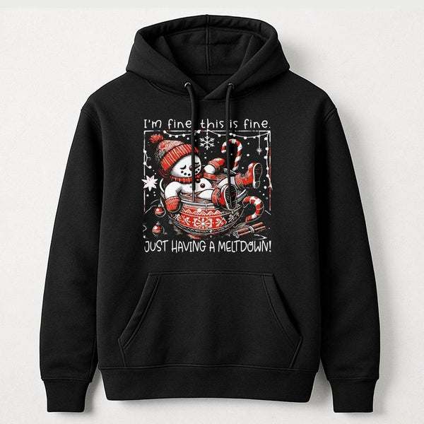 I'm Fine This Is Fine Christmas Hoodie, Snowman Meltdown Hoodie, Humorous Melting Snowman Sweatshirt, Winter Holiday Humor Pu