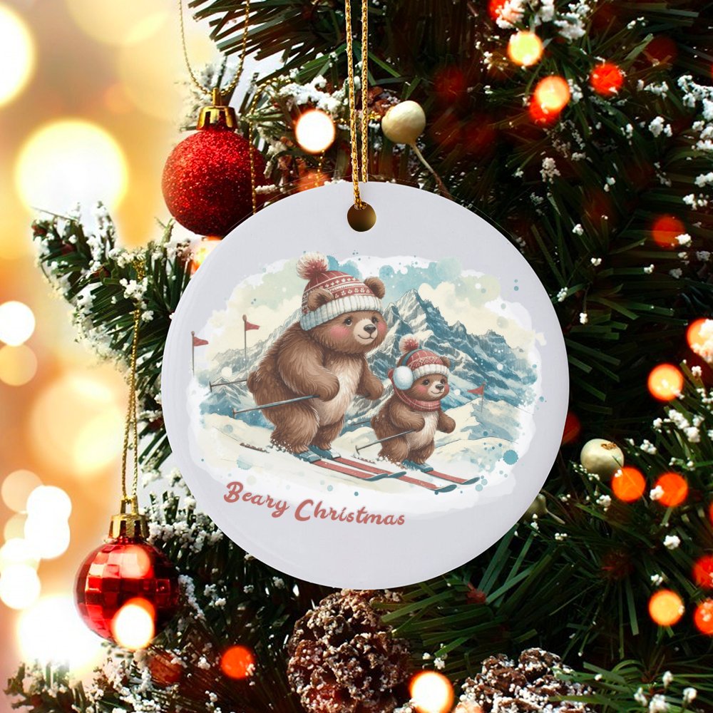 Parent and Baby Bear Tree Ornament, Beary Christmas Skiing Bear Ornament, Adorable Winter Animal Ceramic Ornament, Family Hol