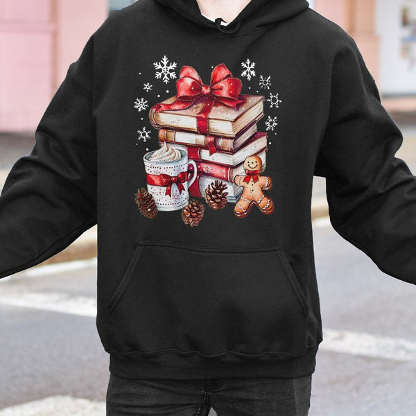 Book Lover Holiday Reading Sweatshirt, Christmas Book Hoodie, Gingerbread Reader Hooded Pullover, Comfy Bookish Xmas Apparel 