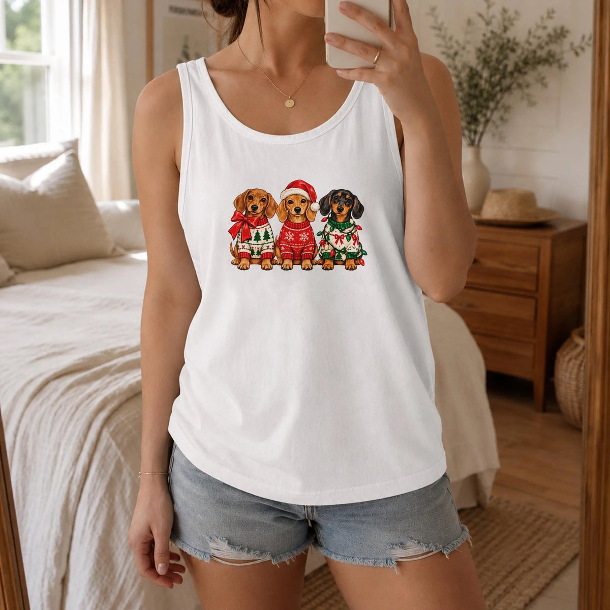 Wiener Dog Christmas Tank, Christmas Dachshund Tank Top, Retro Holiday Dachshund Sleeveless Tee, Adorable Dog Lover Xmas Pres
