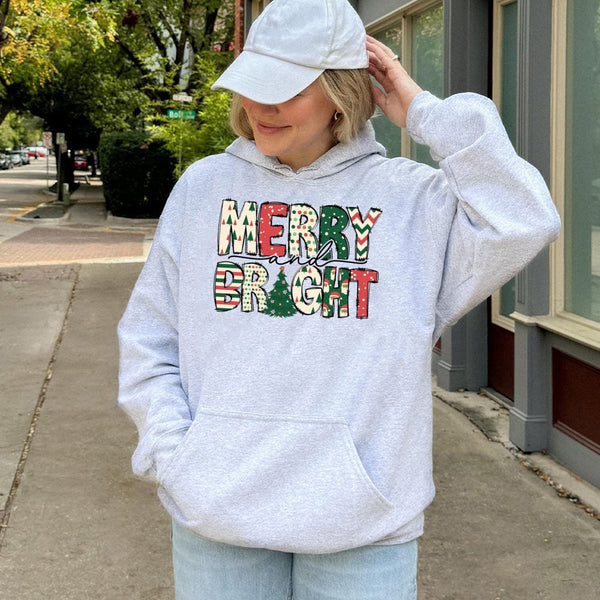 Christmas Pattern Sweatshirt, Merry and Bright Hoodie, Adorable Xmas Holiday Pullover Hoodie, Comfy Winter Graphic Hooded Swe