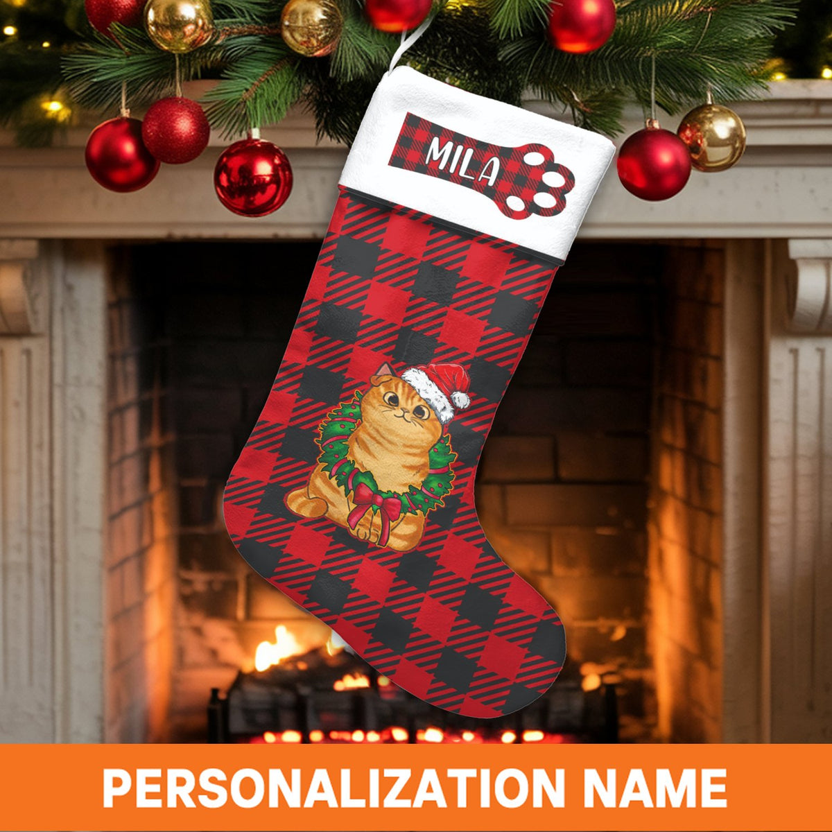 Red Buffalo Plaid Pet Holiday Stocking, Personalized Cat Christmas Stocking, Custom Name Xmas Cat Stocking, Adorable Pet Love