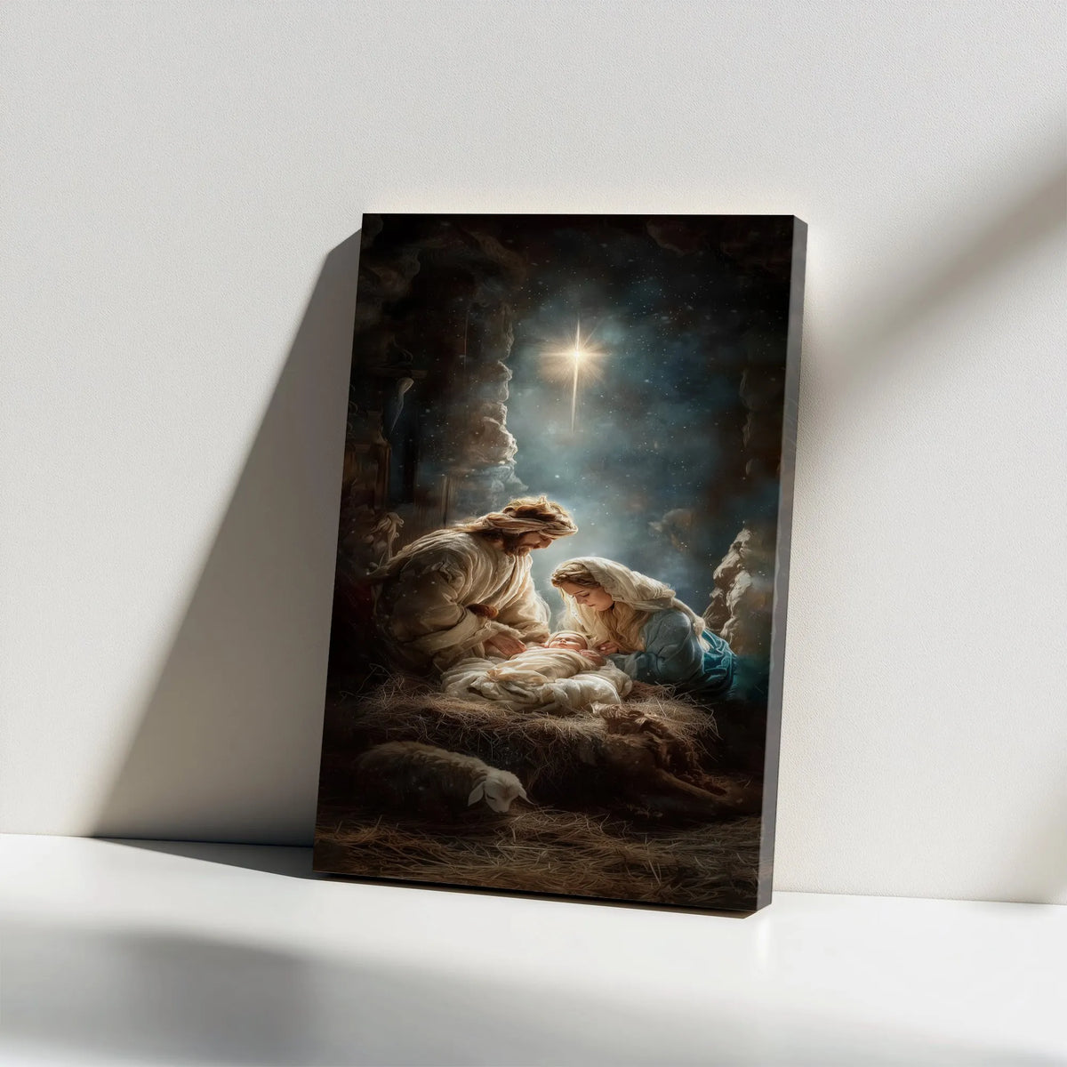 Holy Family Stable Canvas Print, Nativity Scene Canvas Wall Art, Christmas Nativity Religious Canvas Decor, Christian Holiday