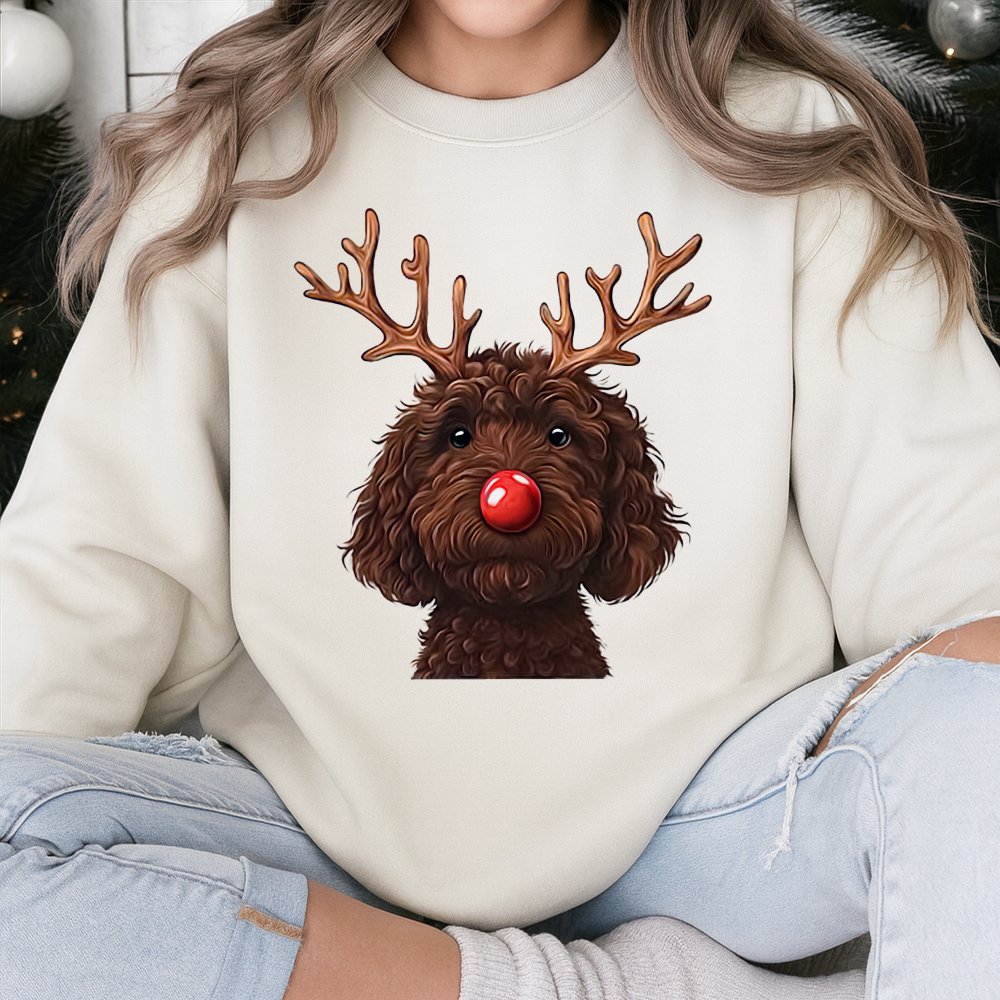 Humorous Christmas Dog Crewneck, Chocolate Doodle Reindeer Sweatshirt, Goldendoodle Holiday Pullover, Pet Lover Xmas Sweater,
