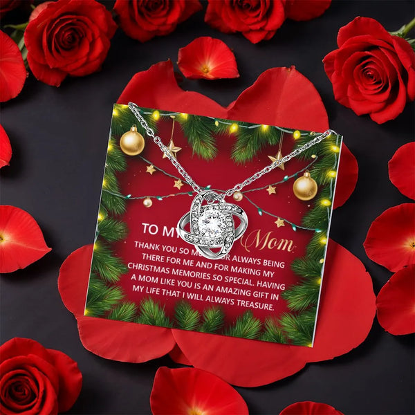 CZ Crystal Love Knot Necklace, Mom Love Knot Necklace, Gold Love Knot Necklace, Rotating Rose Box, Christmas Jewelry Present 