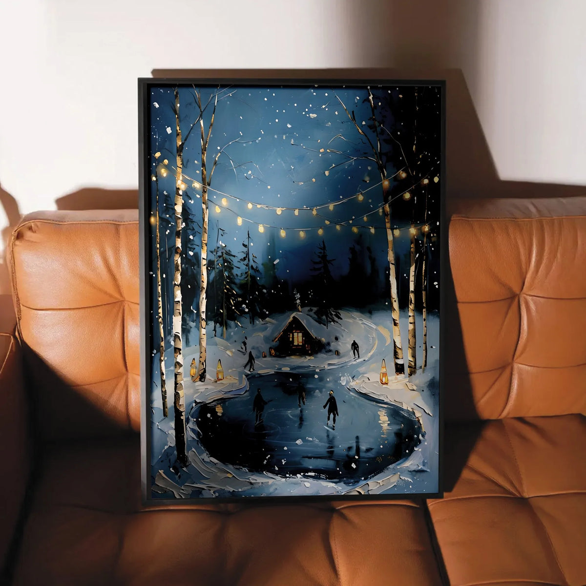 Comfy Night String Lights Wall Art, Winter Ice Skating Poster, Festive Snowy Holiday Art Print, Seasonal Christmas Decor Post