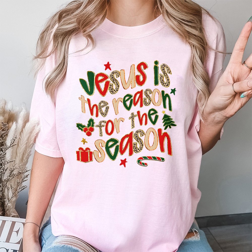 Leopard Print Christian Tee, Jesus Is the Reason for the Season Shirt, Religious Christmas Graphic T-Shirt, Faith Holiday Shi