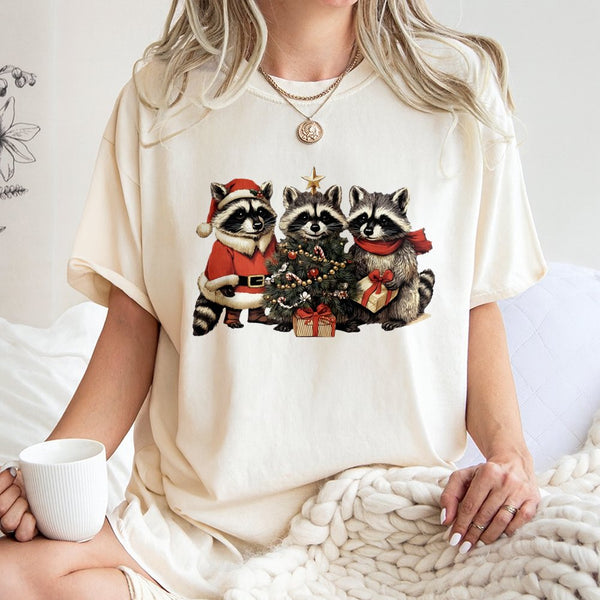 Adorable Woodland Animal Santa Hat Shirt, Raccoon Christmas T-Shirt, Humorous Raccoon Holiday Graphic Tee, Festive Animal Lov