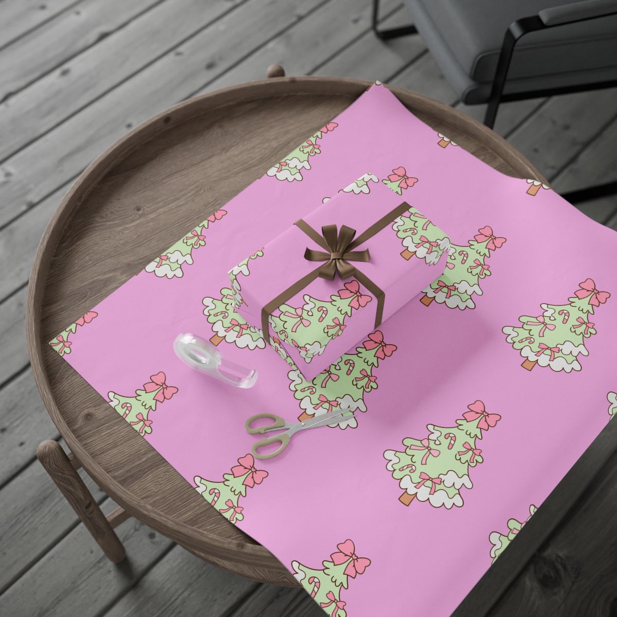 Candy Cane Tree Gift Wrap, Pink Bow Christmas Wrapping Paper, Adorable Pastel Holiday Wrapping Paper, Coquette Xmas Gift Wrap