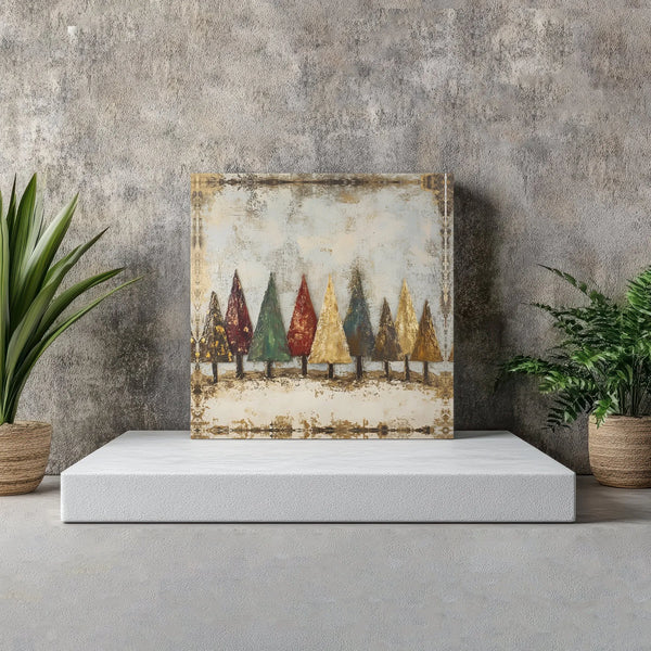Gold Leaf Textured Forest Canvas Print, Rustic Christmas Trees Square Canvas, Holiday Pine Tree Canvas Wall Art, Winter Festi