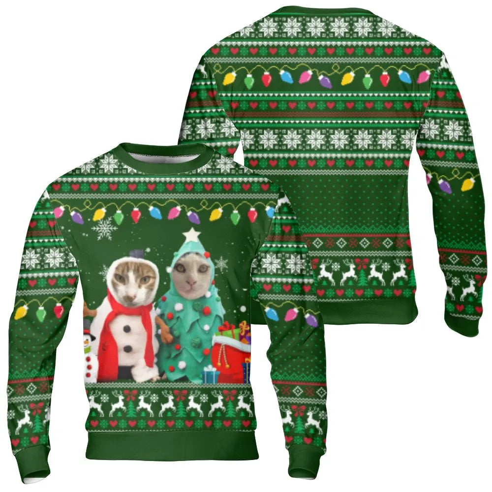 Snowman Tree Costume Kitten Pullover, Cat Ugly Christmas Sweatshirt, Humorous Feline Holiday Crewneck, Adorable Xmas Animal L