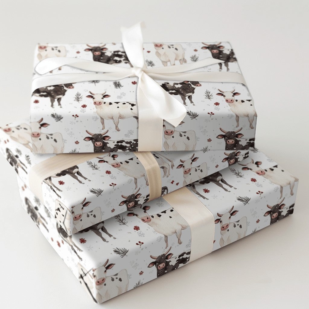 Black and White Cow Gift Wrap, Farmhouse Cow Christmas Wrapping Paper, Winter Holly Wrapping Paper, Rustic Farm Animal Holida