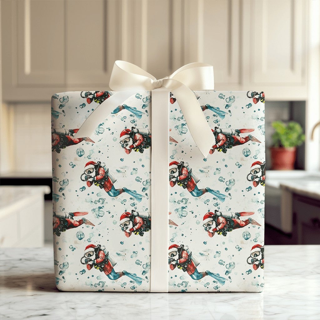 Nautical Ocean Holiday Gift Wrap Paper, Scuba Diving Santa Christmas Wrapping Paper, Scuba Diver Wrapping Paper, Xmas Gift Wr