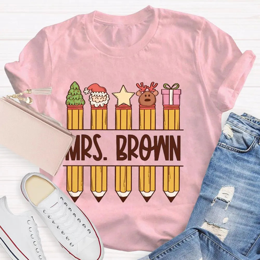 Custom Name Holiday Graphic Tee, Personalized Christmas Pencil Shirt, Adorable Teacher Christmas T-Shirt, Back to School Xmas
