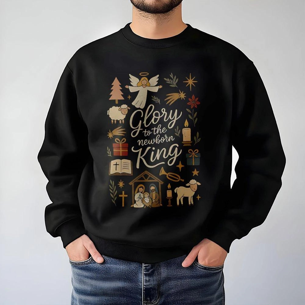Nativity Scene Doodle Crewneck, Glory to the Newborn King Sweatshirt, Religious Christmas Faith Sweater, Christian Holiday Pu