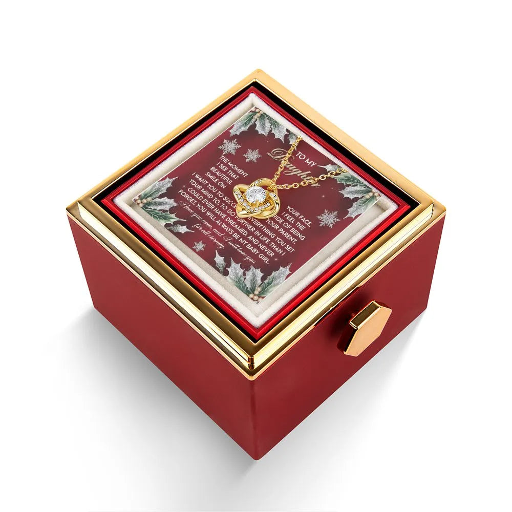 Rotating Rose Gift Box, Daughter Love Knot Necklace, CZ Crystal Knot Pendant, Gold Finish Jewelry, Meaningful Christmas Prese