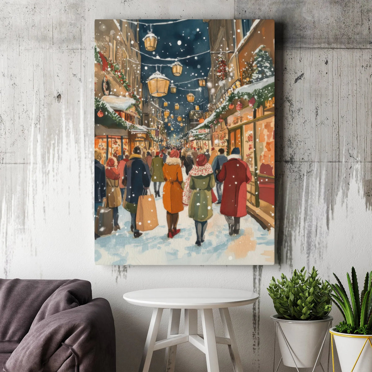 Winter Cityscape Watercolor Canvas Wall Art, Snowy Christmas Street Canvas Print, Holiday Town Painting Canvas, Festive Wall 