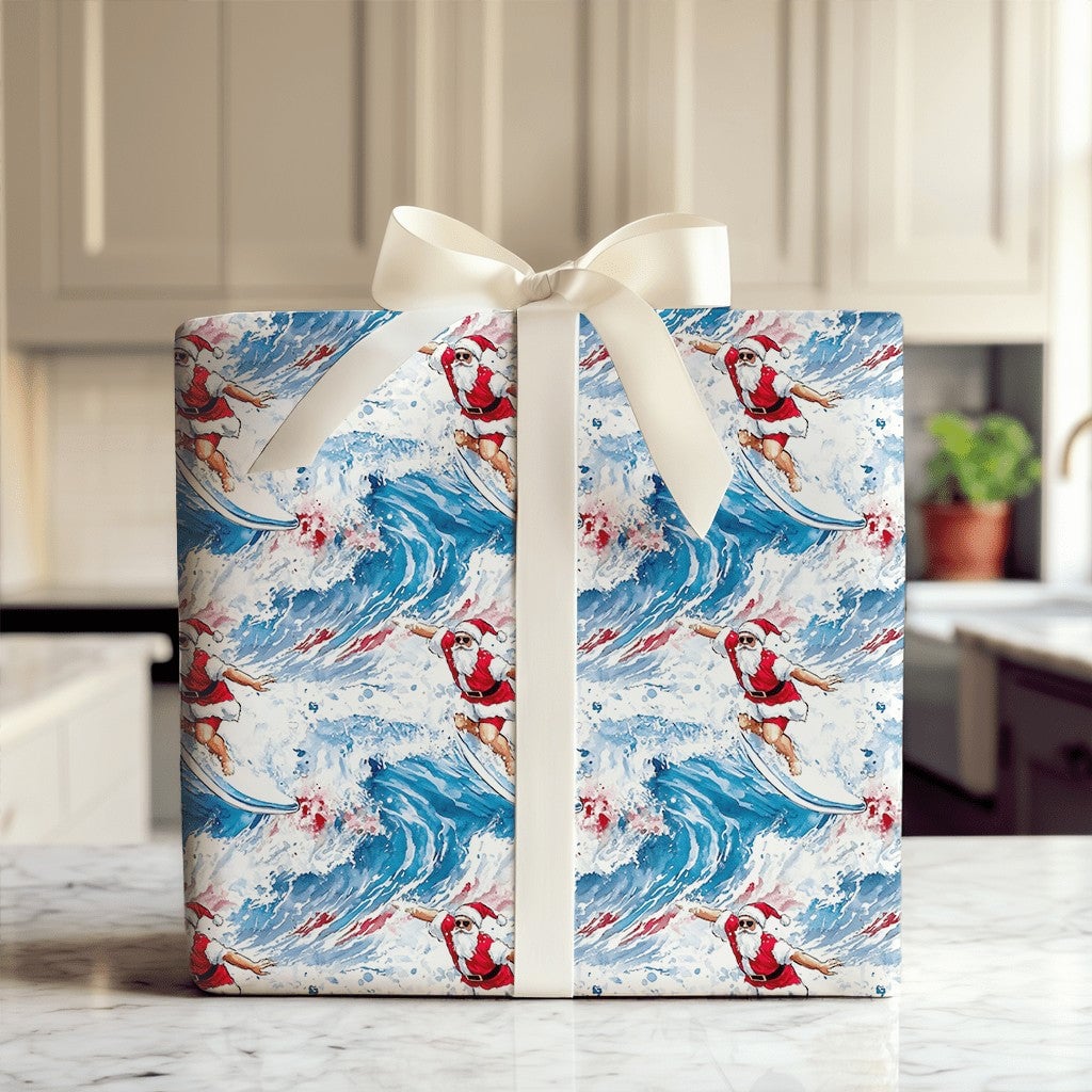 Watercolor Coastal Holiday Gift Wrap, Surfing Santa Christmas Wrapping Paper, Sunglasses Beach Santa Wrapping Paper, Ocean Lo