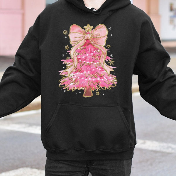 Coquette Bow Aesthetic Holiday Sweatshirt, Pink Christmas Tree Hoodie, Adorable Xmas Tree Graphic Hoodie, Trendy Winter Holid