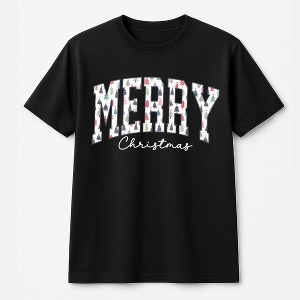 Varsity Holiday Tree Pattern Shirt, Merry Christmas T-Shirt, Festive Christmas Graphic T-Shirt, Adorable Xmas Tee, Holiday Se