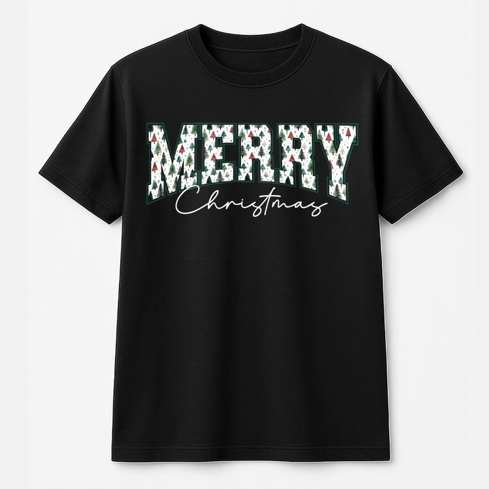 Vintage Pine Forest Holiday Shirt, Retro Varsity Christmas Tree T-Shirt, Merry Christmas Graphic Tee, Festive Winter Nature S