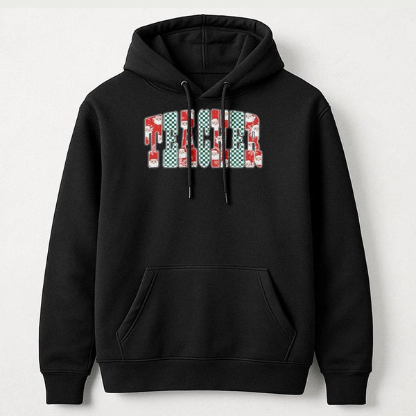 Santa Checkered Holiday Sweatshirt, Teacher Christmas Hoodie, Festive Educator Pullover, Adorable Teacher Xmas Hooded Sweater