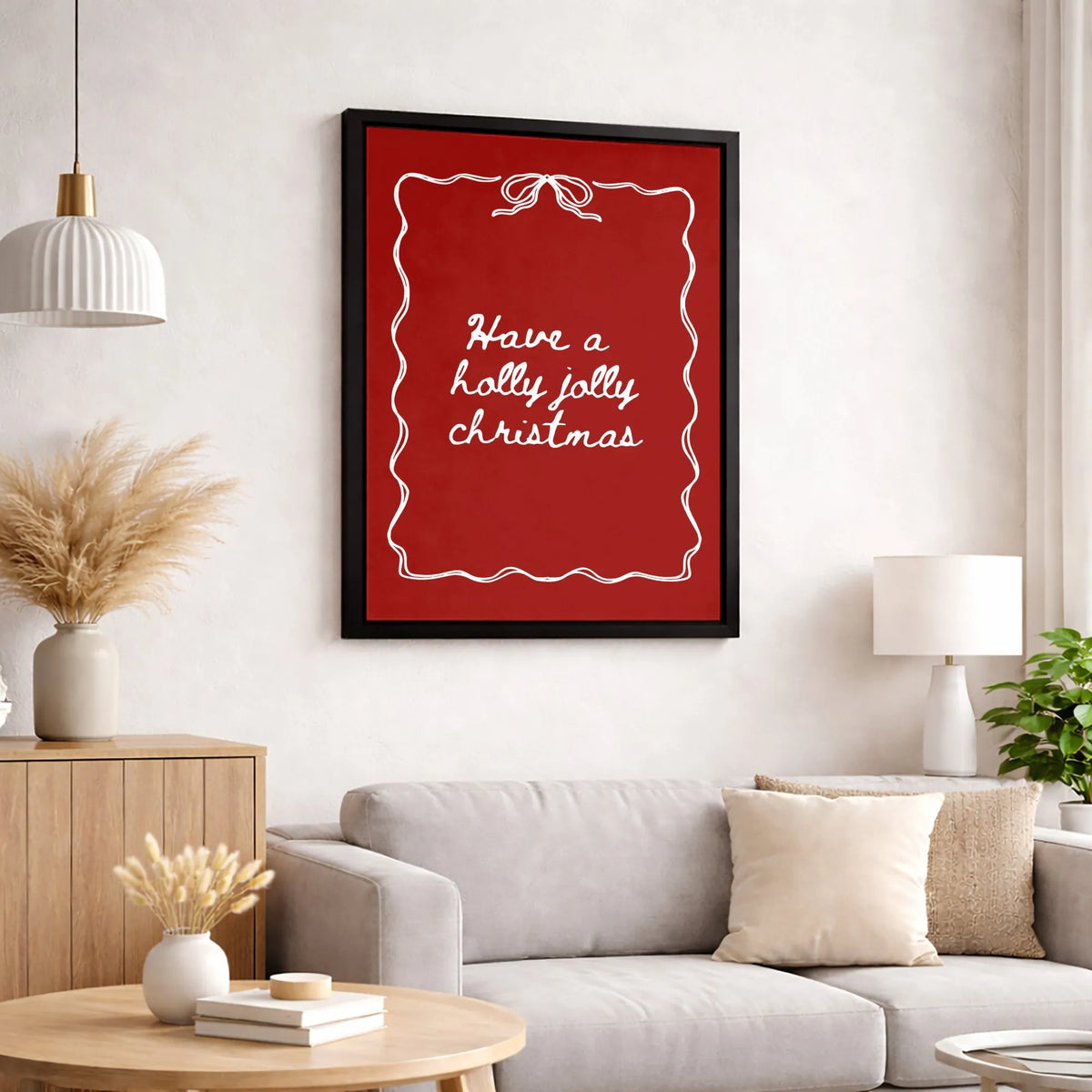 Red Cursive Holiday Canvas, Holly Jolly Christmas Canvas Print, Festive Quote Wall Art Canvas, Xmas Living Room Decor, Holida