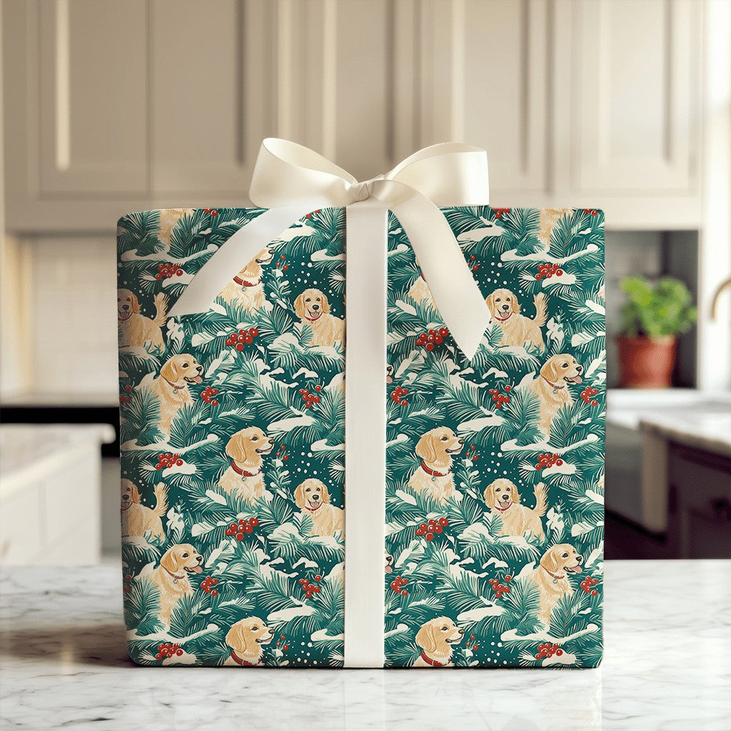 Snowy Pine Holly Dog Gift Wrap, Golden Retriever Wrapping Paper, Winter Dog Lover Holiday Wrapping Paper, Christmas Puppy Wra