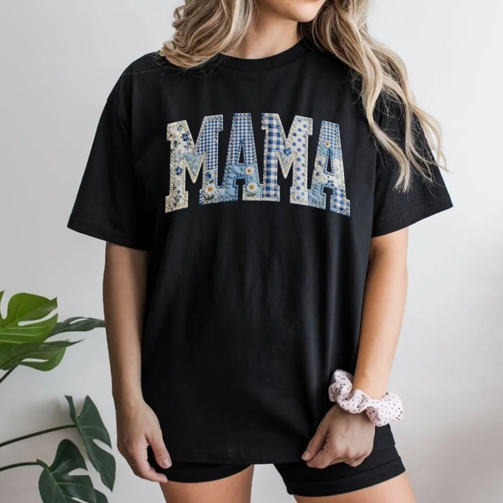 Mama T-Shirt | Blue Toile Patchwork Style Floral Print | 100% Soft Cotton | Mother's Day Gift for Mom