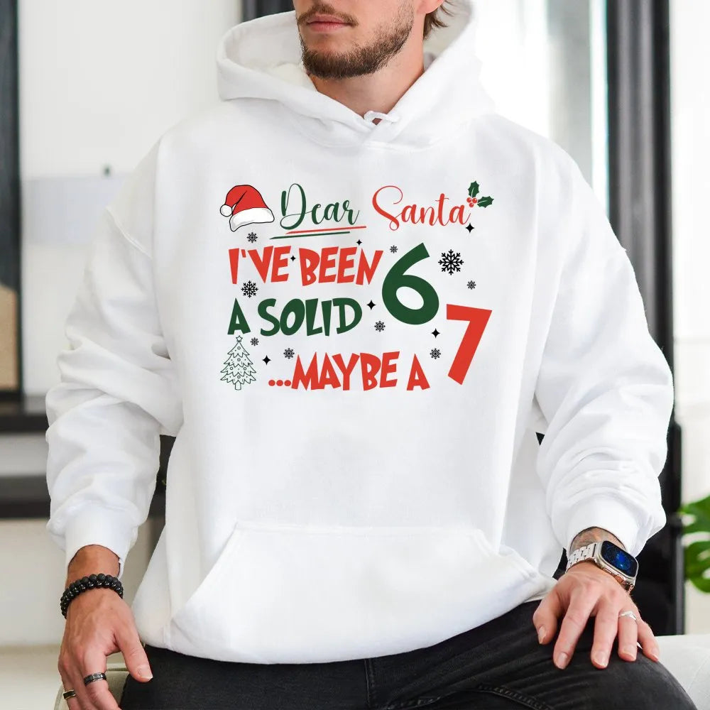 Humorous Christmas Meme Sweatshirt, Dear Santa I've Been A Solid 7 Hoodie, Humorous Holiday Hooded Sweater, Sarcastic Xmas Gr