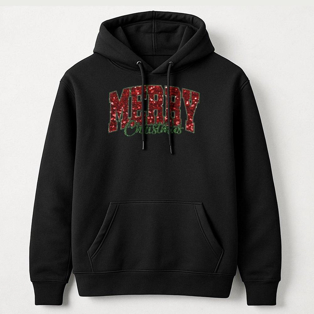 Red Glitter Varsity Hoodie, Merry Christmas Hoodie, Retro Christmas Graphic Sweatshirt, Festive Xmas Hooded Pullover, Winter 