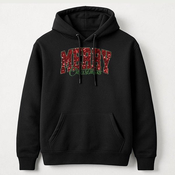 Red Glitter Varsity Hoodie, Merry Christmas Hoodie, Retro Christmas Graphic Sweatshirt, Festive Xmas Hooded Pullover, Winter 