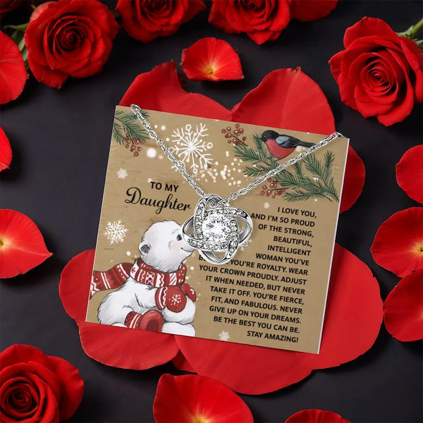 Winter Polar Bear Card, To My Daughter Love Knot Necklace, Cubic Zirconia Knot Pendant, Meaningful Christmas Present for Daug