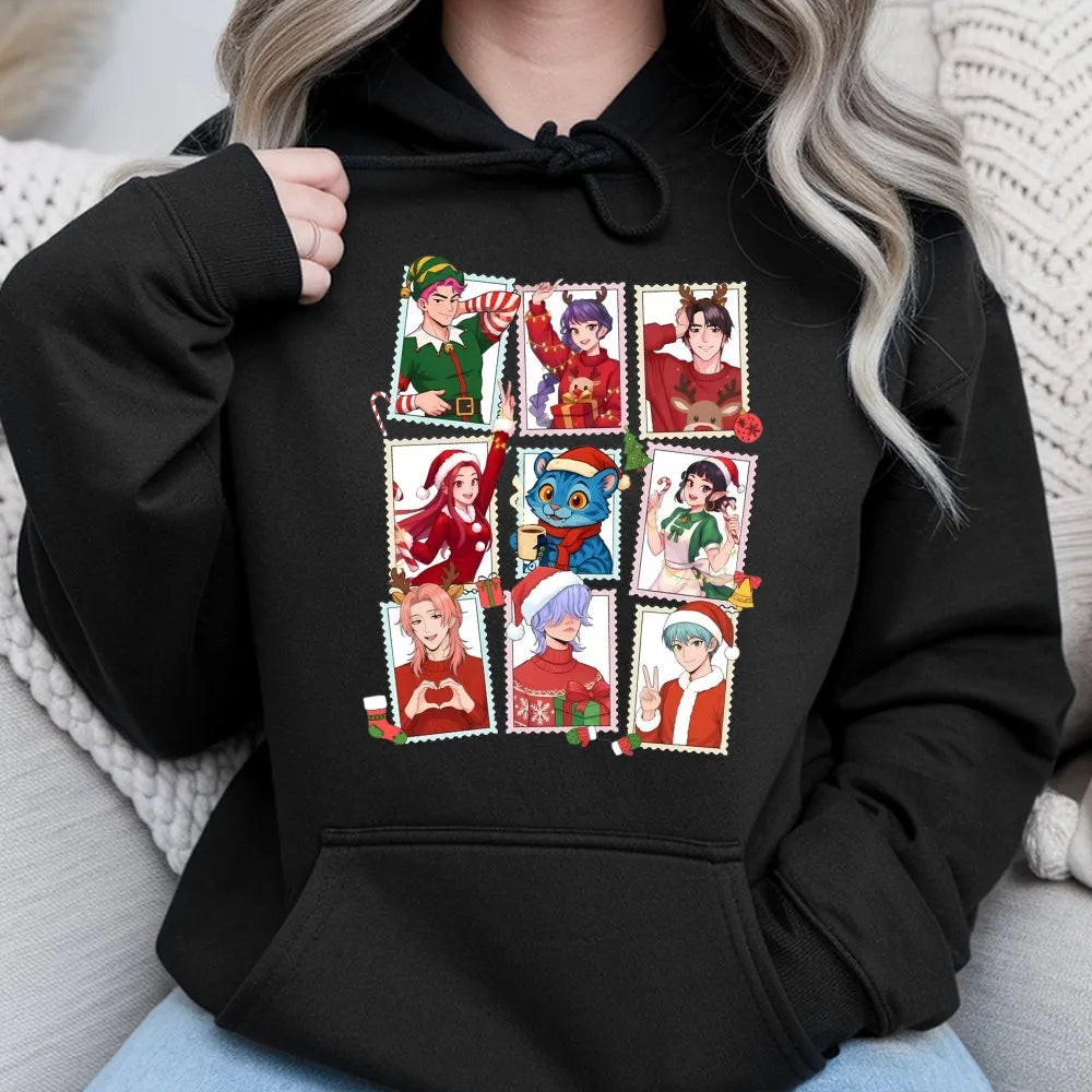 Manga Boys Postage Stamp Hoodie, Anime Christmas Hoodie, Holiday Anime Pullover Hoodie, Festive Manga Graphic Sweatshirt, Ota